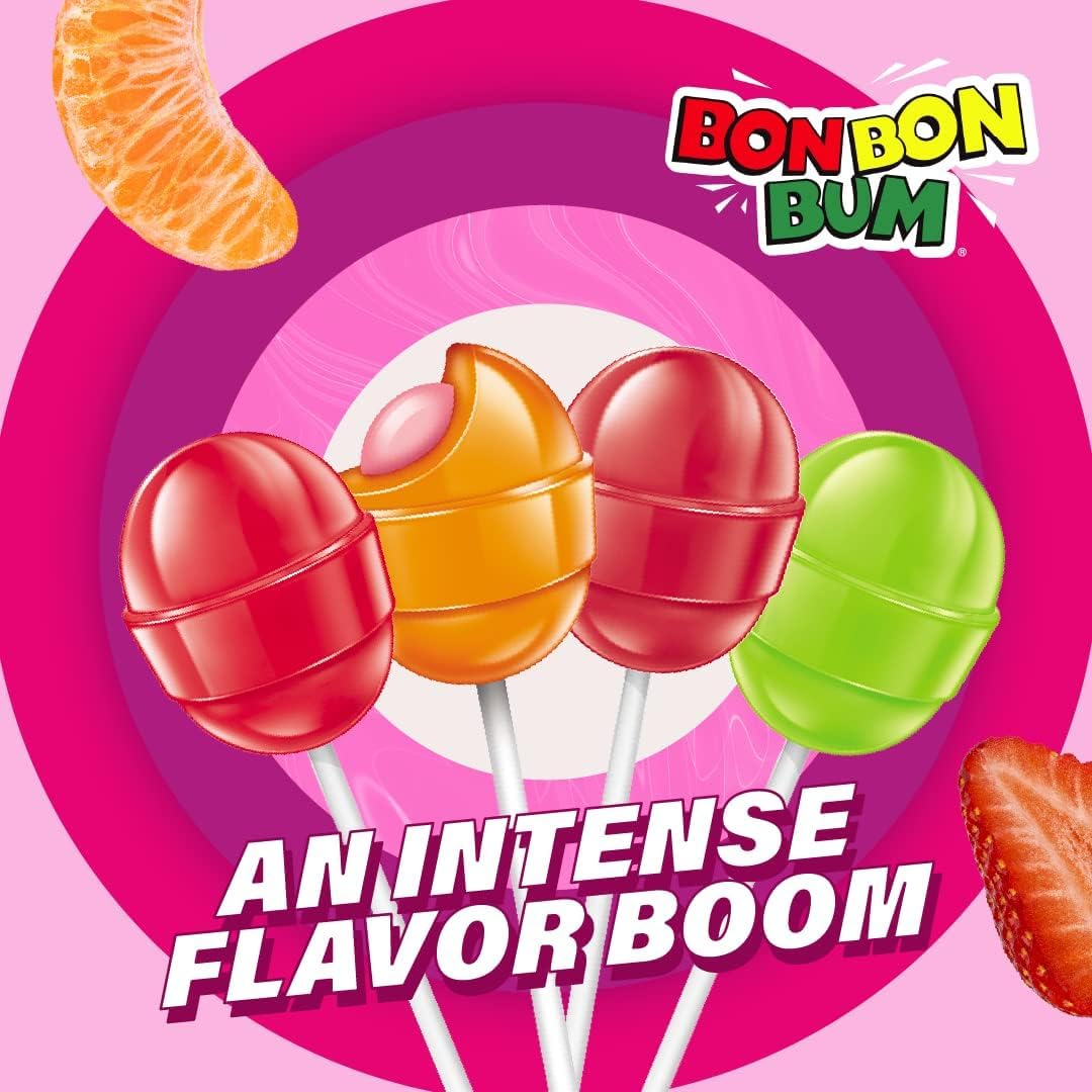 Colombina Bon Bon Bum - Paletas con centro de goma de mascar surtido, paletas de 4 sabores diferentes: Lulo, fresa, fresa Roja y mandarina, Bolsa de 408 gr. (24 unidades)
