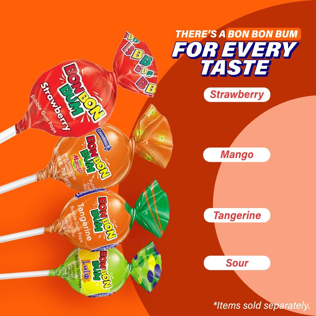 Colombina Bon Bon Bum - Paletas con centro de goma de mascar surtido, paletas de 4 sabores diferentes: Lulo, fresa, fresa Roja y mandarina, Bolsa de 408 gr. (24 unidades)