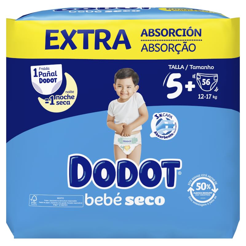 Dodot Bebé Seco Extra - Jumbo Pack Pañales Talla 5-56 uds.