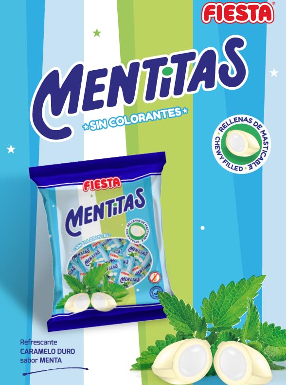 Mentitas Menta FIESTA - Bolsa 270 Unids. - Caramelo Duro Relleno de Masticable Sabor Menta - MENTITAS