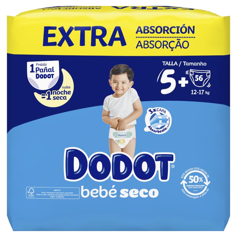 Dodot Bebé Seco Extra - Jumbo Pack Pañales Talla 5-56 uds.