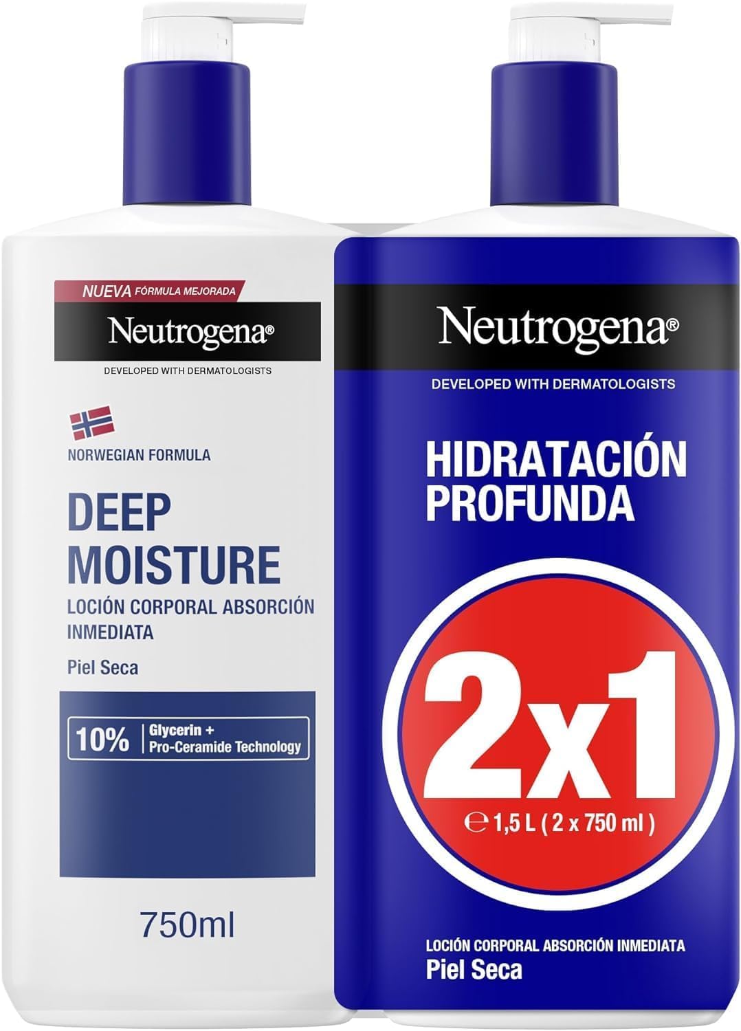 Neutrogena Fórmula Noruega Hidratación Profunda Loción de Absorción Inmediata (Pack de 2 X 750 ml), crema hidratante corporal con tecnología Pro-Ceramida y Glicerina para piel seca