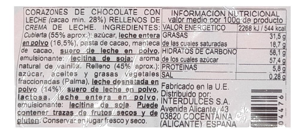 Corazones de Chocolate con Leche Interdulces 1 kg