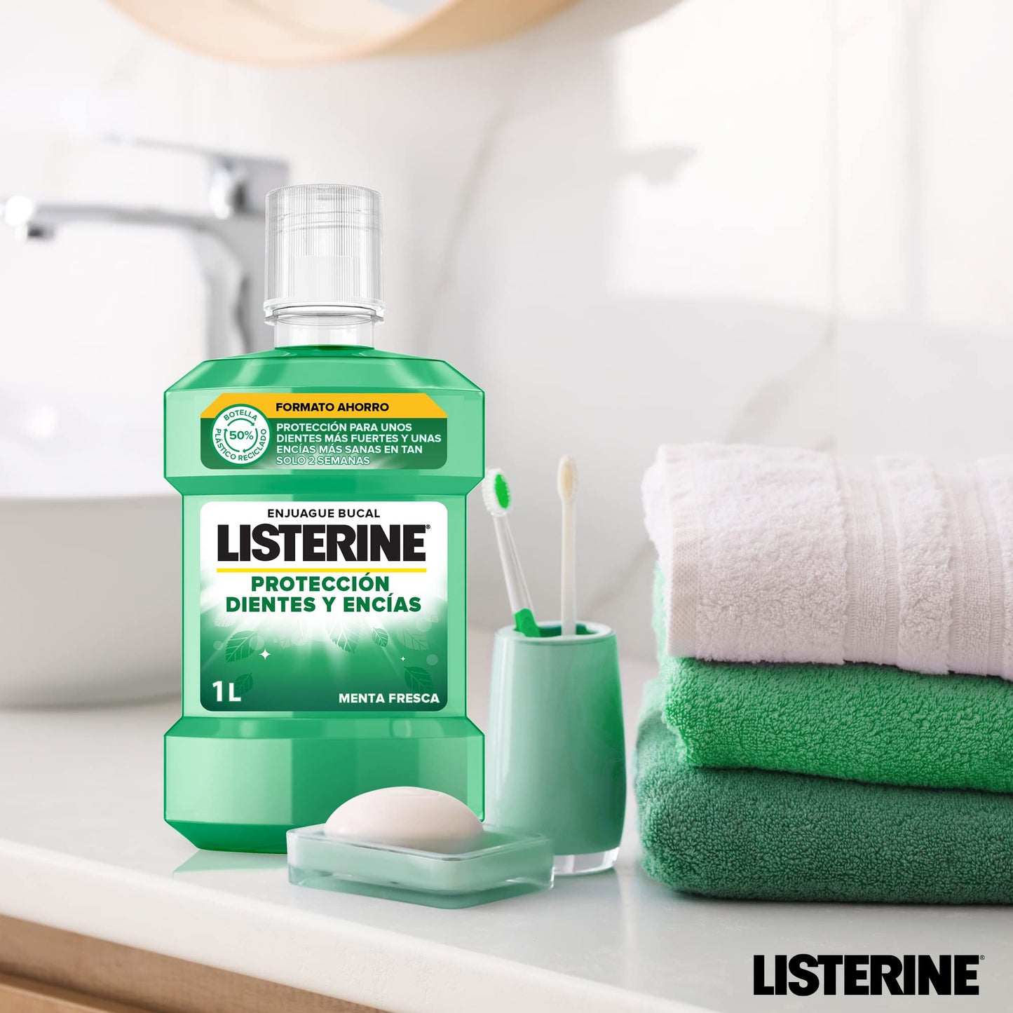 Listerine Protección Dientes y Encías (1 x 1L), enjuague bucal con flúor, colutorio bucal con 24 horas de protección, elixir bucal para un aliento fresco duradero