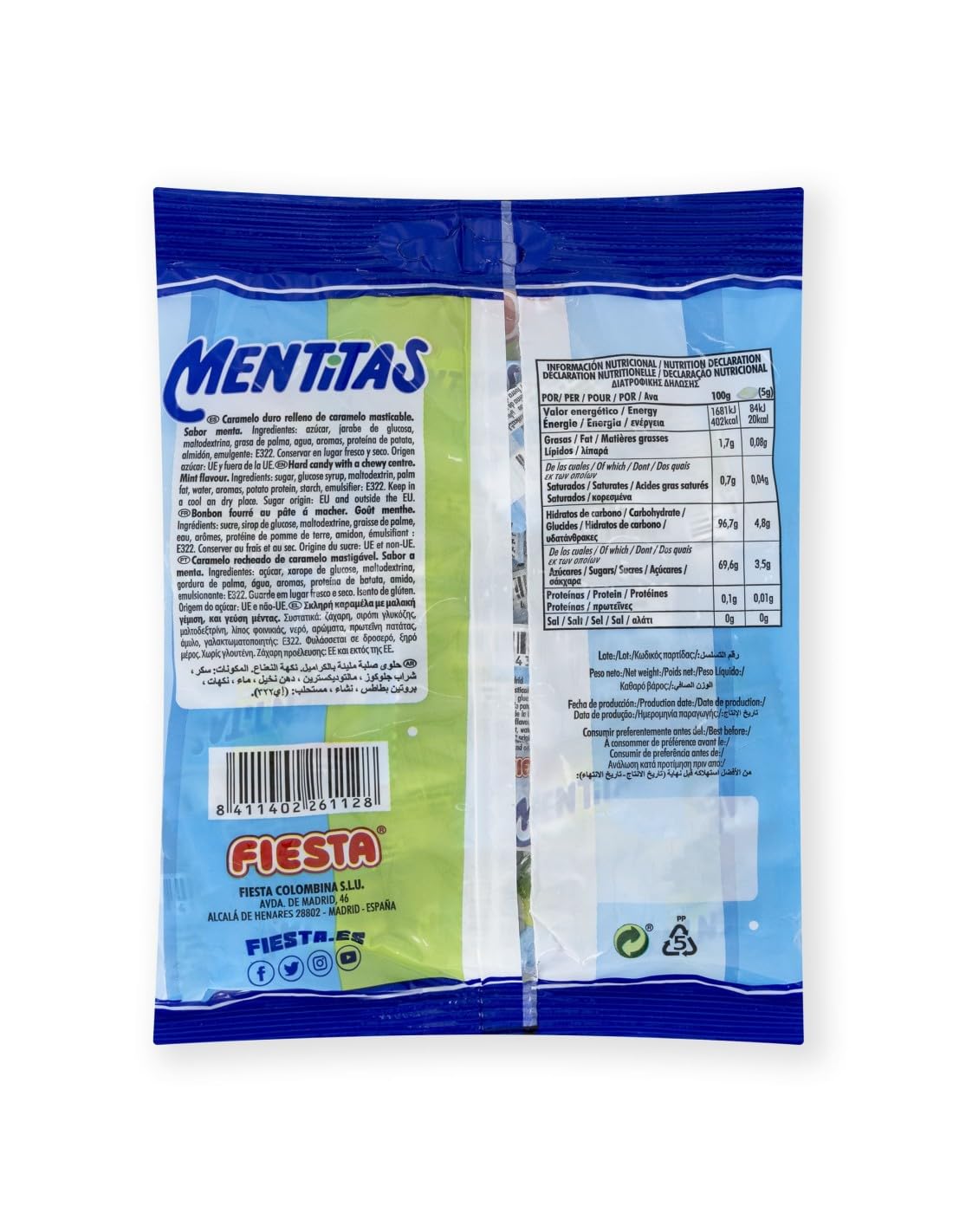 Mentitas Menta FIESTA - Bolsa 270 Unids. - Caramelo Duro Relleno de Masticable Sabor Menta - MENTITAS