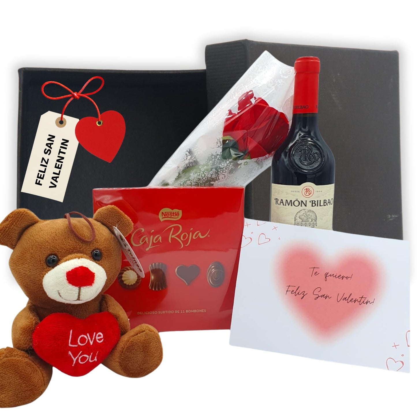 Pack Regalos Originales Románticos | Incluye Vino Ramon Bilbao + Bombones San Valentin Caja Roja Nestle + Osito Peluche LOVE + Rosa