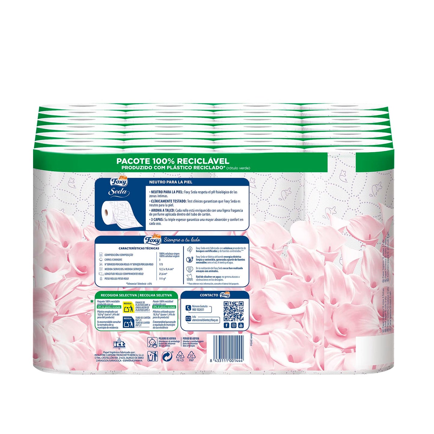 Foxy Seda | Papel higiénico 84 rollos | 173 servicios por cada rollo | Neutro para la piel | Certificación FSC | Paquete reciclable producido con plástico reciclado