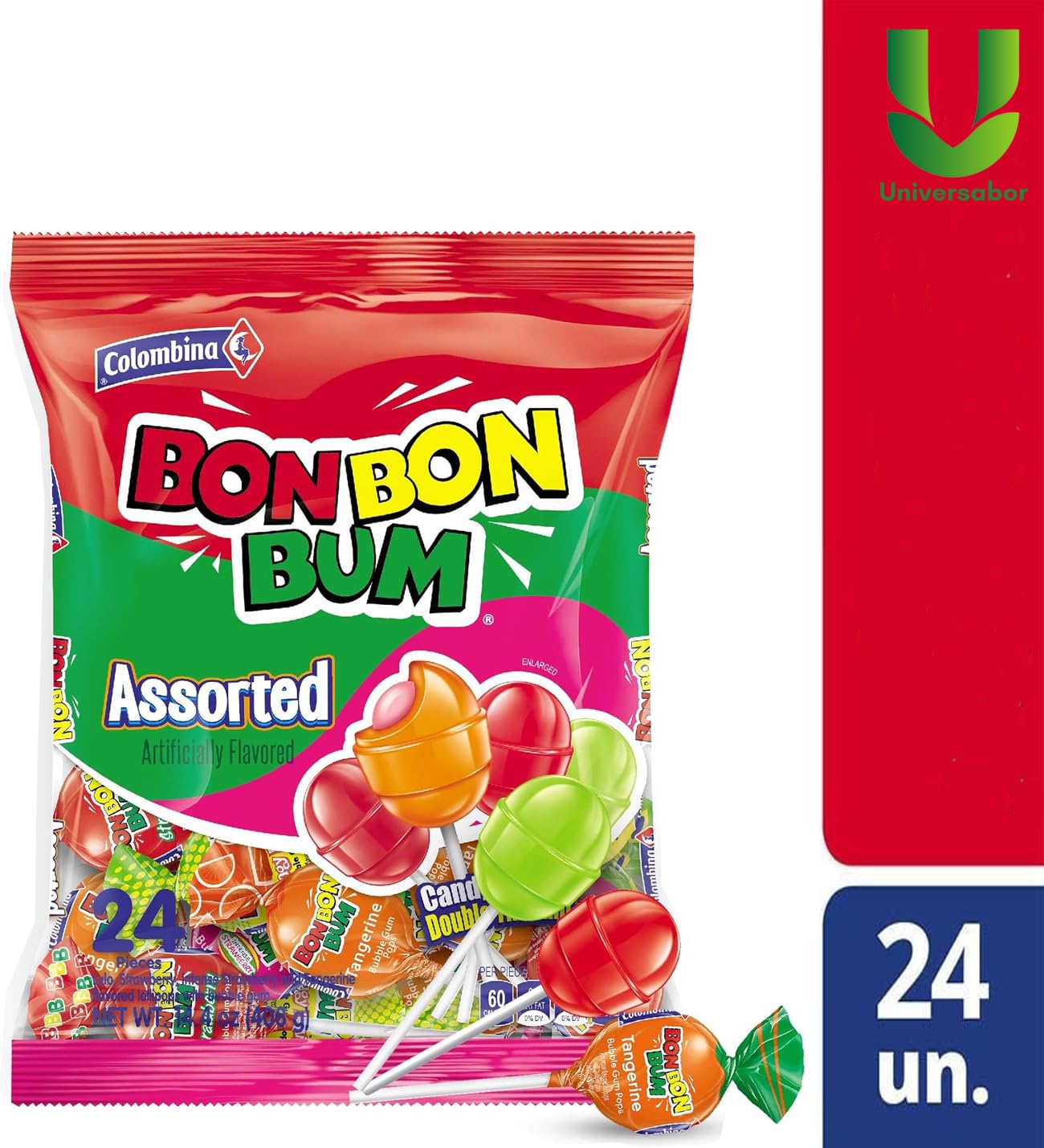 Colombina Bon Bon Bum - Paletas con centro de goma de mascar surtido, paletas de 4 sabores diferentes: Lulo, fresa, fresa Roja y mandarina, Bolsa de 408 gr. (24 unidades)