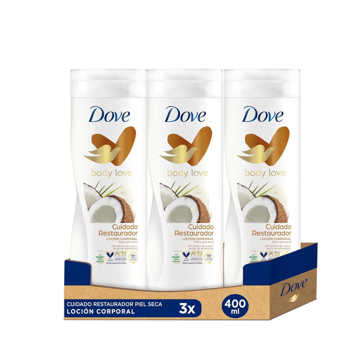 Dove Crema Hidratante Corporal Restauradora Con Aceite de Coco 100 por ciento Natural y Leche de Almendras para Piel Seca, Pack de 3 x 400 ml, Multicolor