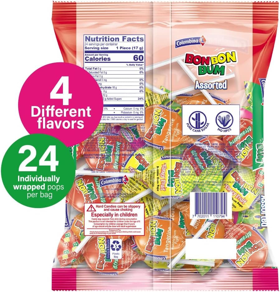 Colombina Bon Bon Bum - Paletas con centro de goma de mascar surtido, paletas de 4 sabores diferentes: Lulo, fresa, fresa Roja y mandarina, Bolsa de 408 gr. (24 unidades)