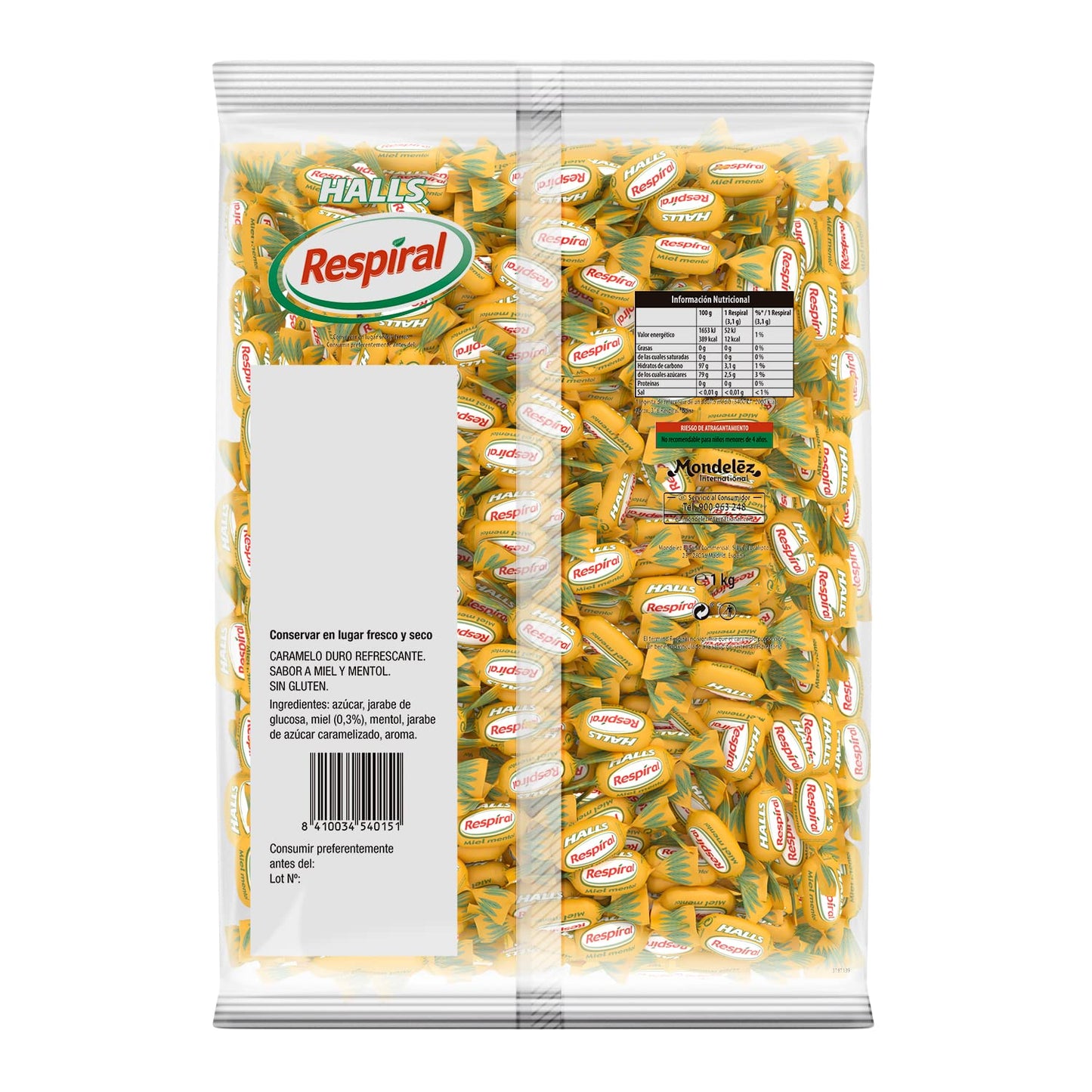 Halls Respiral Caramelos Duros Refrescantes Sabor Miel y Mentol Sin Gluten - Bolsa Grande 1kg