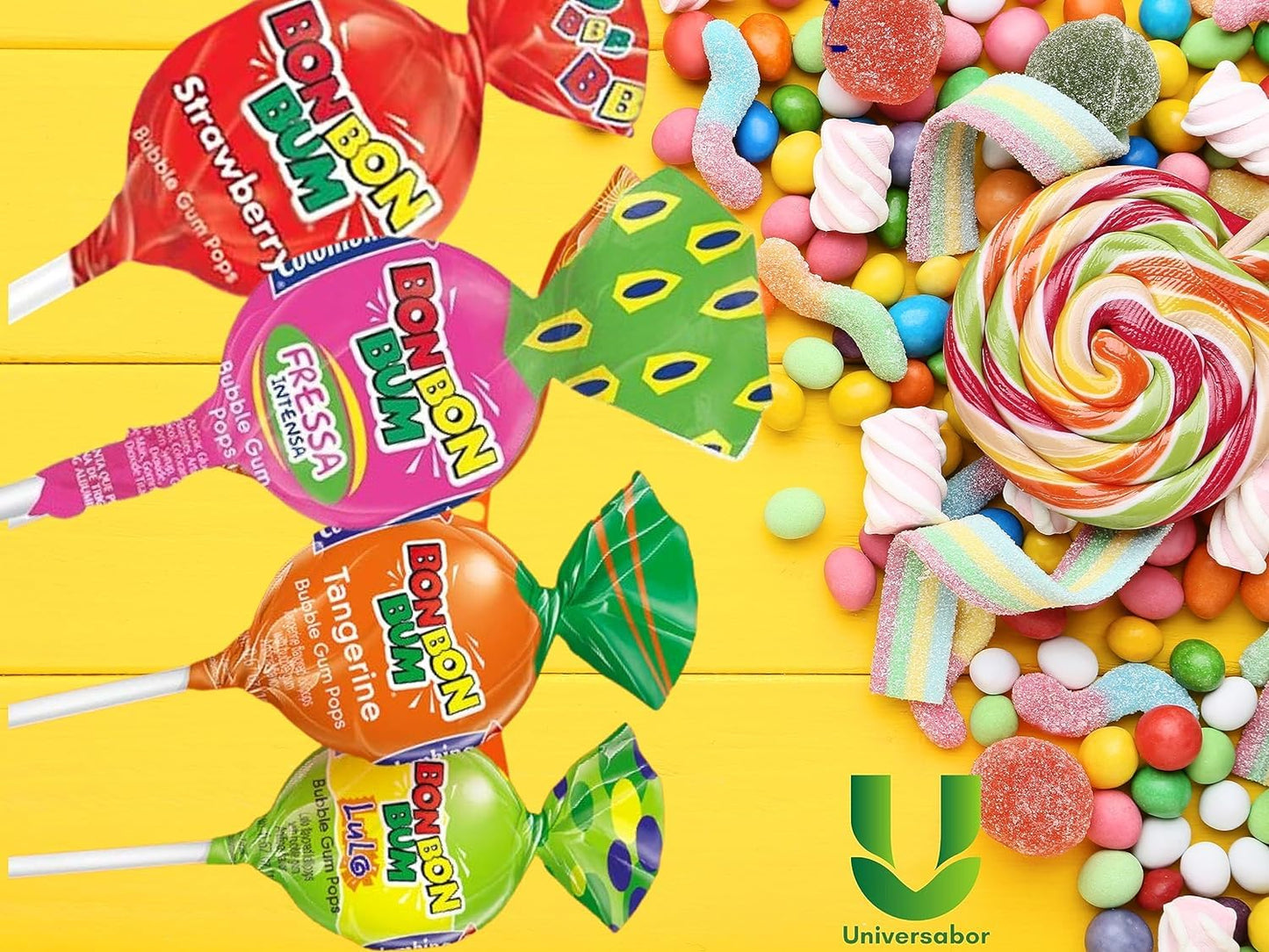 Colombina Bon Bon Bum - Paletas con centro de goma de mascar surtido, paletas de 4 sabores diferentes: Lulo, fresa, fresa Roja y mandarina, Bolsa de 408 gr. (24 unidades)