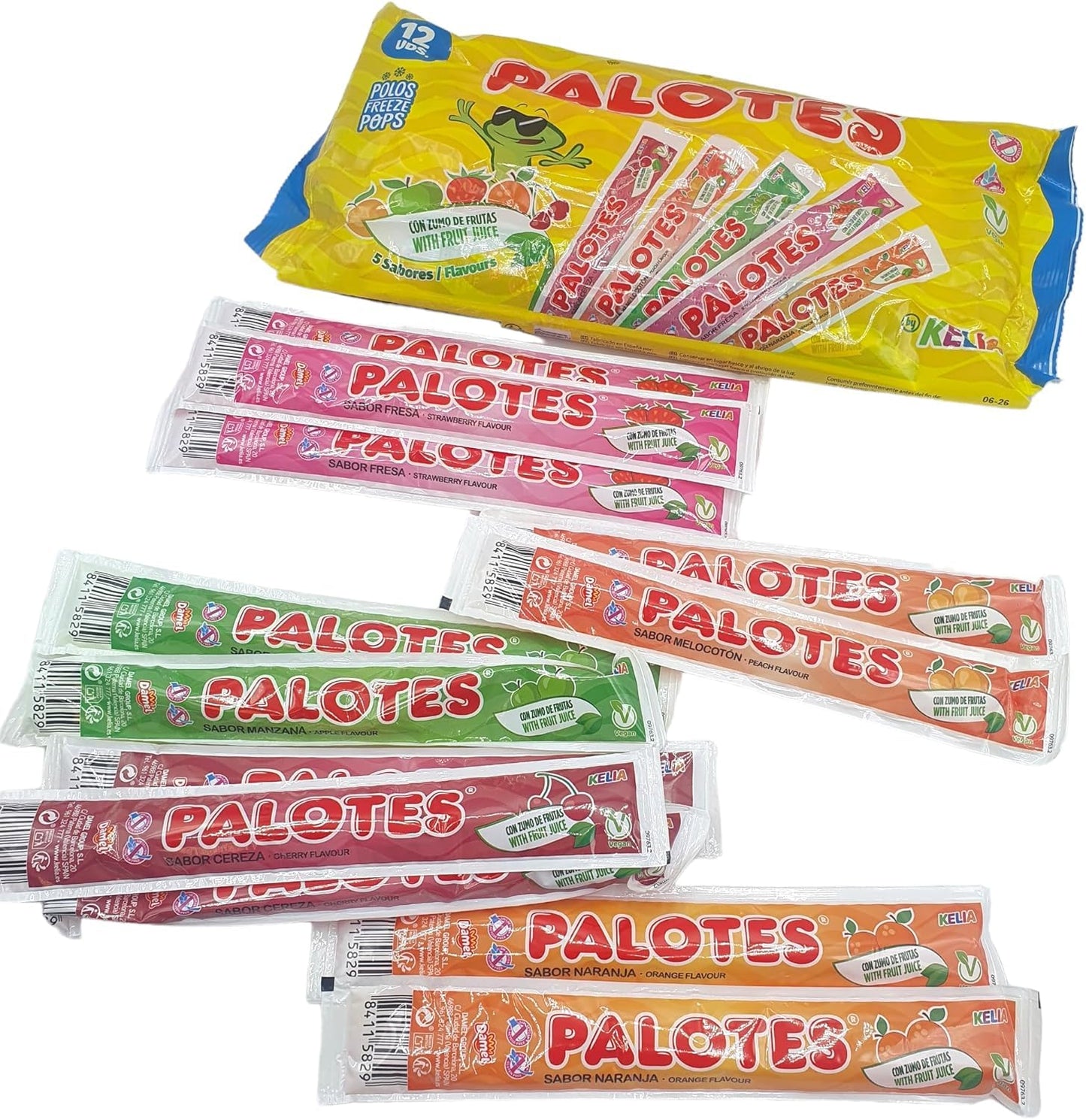 Flash Helado Kelia Palotes - Pack de 60 Polos Congelables | Sabores Variados: Cereza, Naranja, Fresa, Melocotón y Manzana | Apto para Veganos | Ideal para este Verano