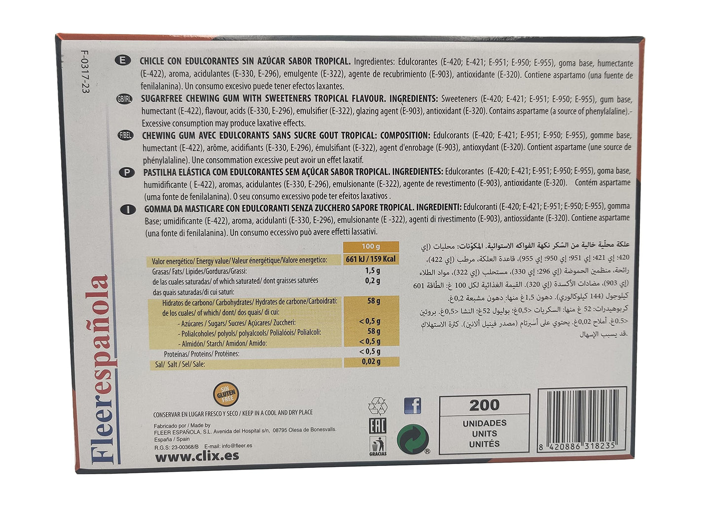 CLIX ONE TROPICAL - Chicle sin azécar - Caja de 200 unidades
