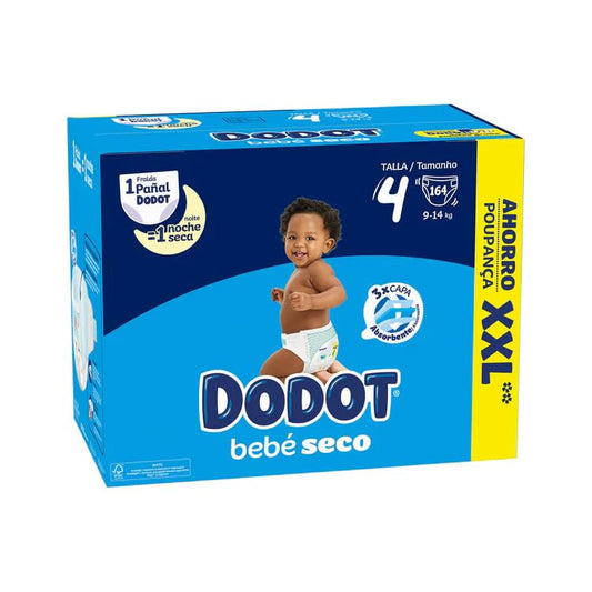 Dodot Pañales Bebé-Seco Talla 4 9-14kg, 164 Pañales con Protección Antifugas, Pack Mensual