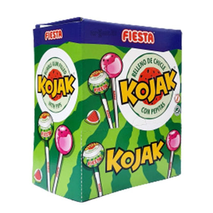 FIESTA Kojak - Sabor Sandía - Con Pepitas de Azúcar - Caramelo con palo relleno de chicle - Caja de 100 unidades