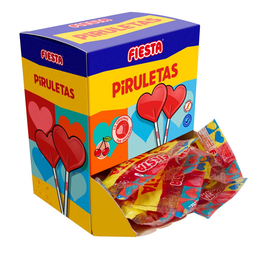 FIESTA Piruletas Caramelo con Palo en Forma de Corazón Sabor Cereza - Caja de 80 unidades