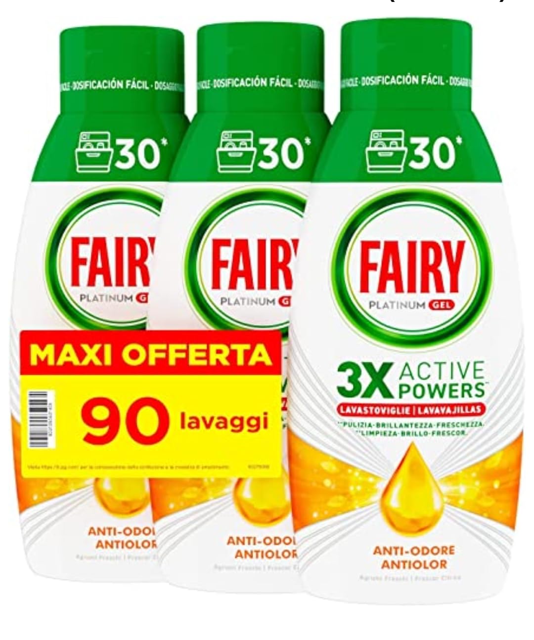 Fairy Platinum Gel Lavavajillas Detergente para Lavavajillas 90 Lavavajillas 1 Paquete de 3 Botellas Antiolor Frescura Agrumata