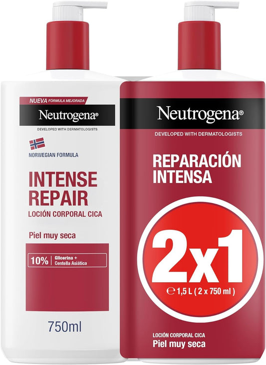 Neutrogena Fórmula Noruega Loción Corporal CICA Reparación intensa para piel seca (Pack de 2 x 750 ml), crema hidratante corporal reparadora con centella asiática