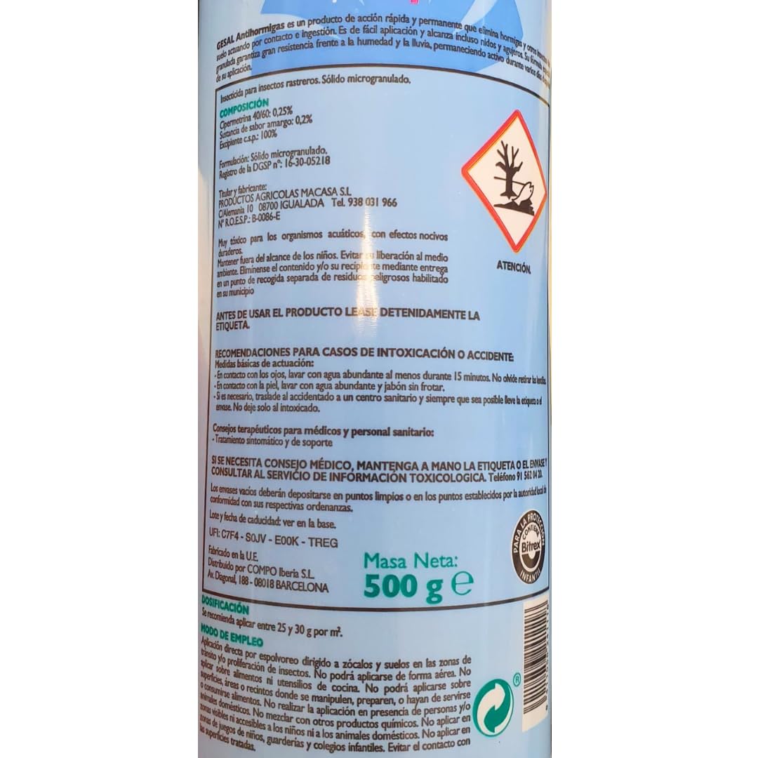 Gesal Insecticida AntiHormigas - 2 Botes x 500 g - Insecticida Suelo en Polvo Granulado Insectos Rastreros - Piretroide. Exterior e Interior. Hormigas, Cucarachas, Pulgas, Chinches, Garrapatas, Piojos