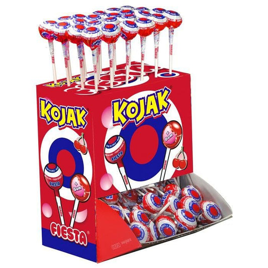 Chupete Kojak relleno Bubble Chicle Cereza. Caja de exhibici?n de 100