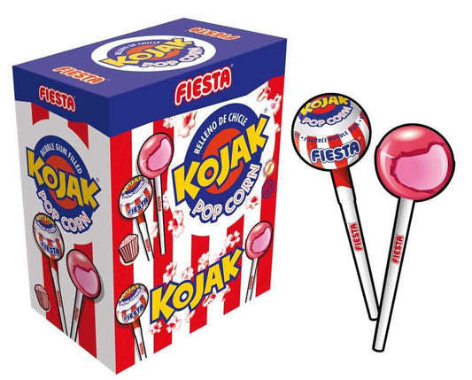 FIESTA Kojak Caramelo con Palo Sabor POP CORN Relleno de Chicle - Caja de 100 unidades - Kojak Sabor Palomita de Maiz