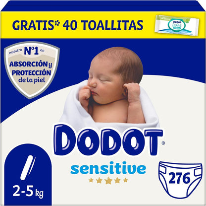 Pañales Bebé Sensitive Talla 1 (2-5 kg), 276 Pañales + Pack de 48 Toallitas Gratis Cuidado Total Aqua. Pack Mensual