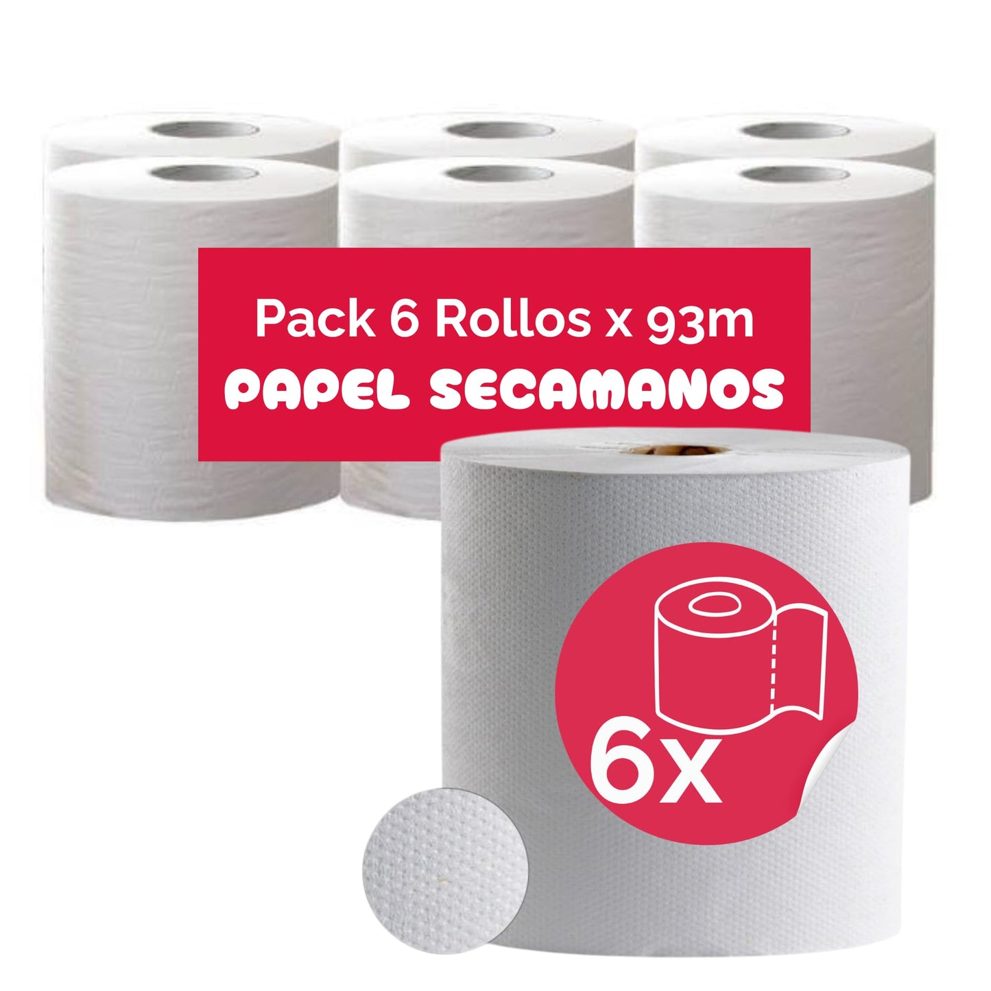 Papel Secamanos Bobina - Pack 6 Rollos de 93 m - Doble Capa Extra Gofrado - Papel Industrial Blanco - 310 Servicios x Bobina de Papel