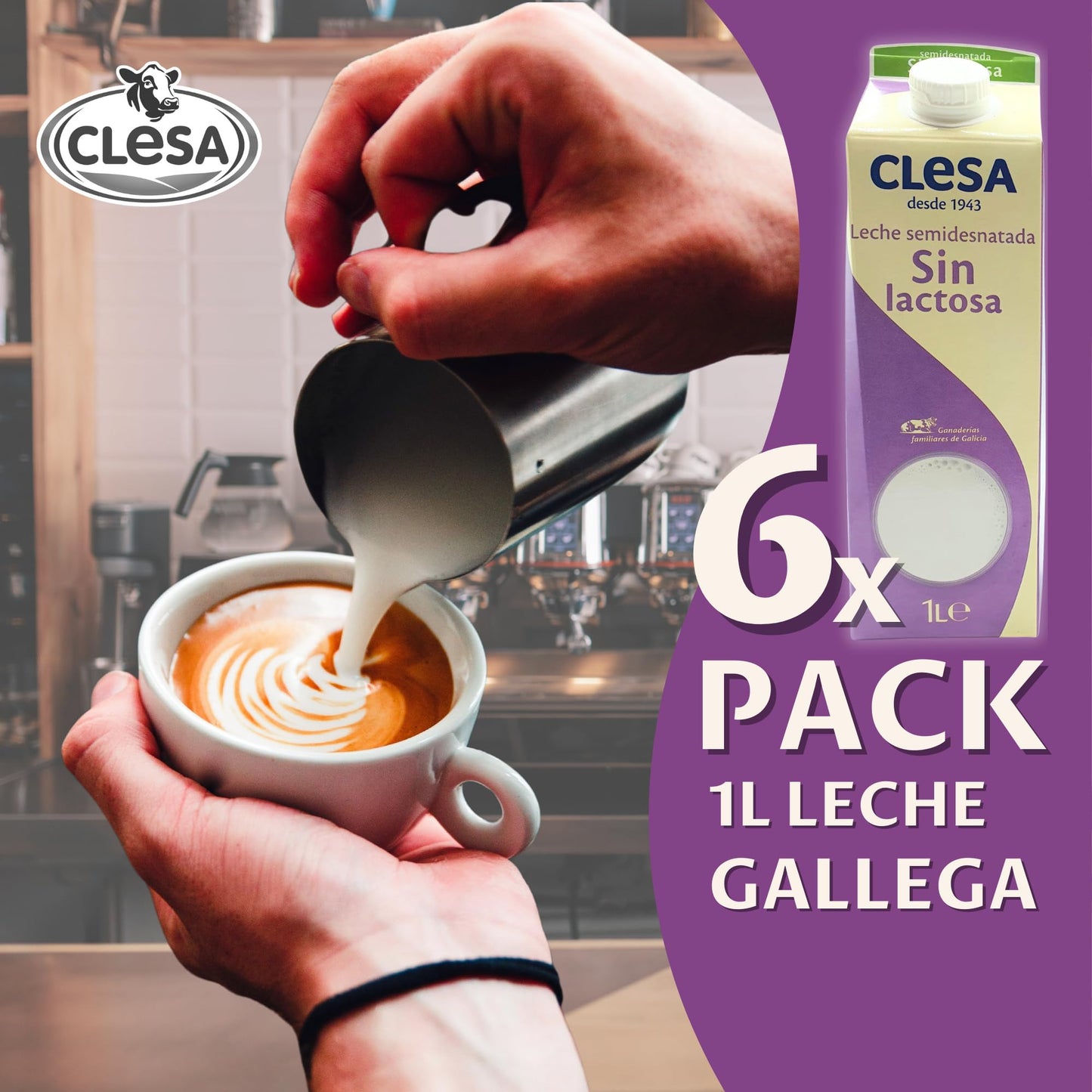 Leche Clesa SIN LACTOSA Semi Desnatada - 6 Bricks de 1 Litro - 100% Leche Gallega - Tapon Anti Goteo - 6 Litros Leche Sin Lactosa [CLESA]