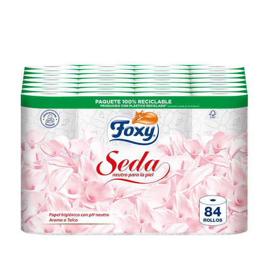 Foxy Seda | Papel higiénico 84 rollos | 173 servicios por cada rollo | Neutro para la piel | Certificación FSC | Paquete reciclable producido con plástico reciclado