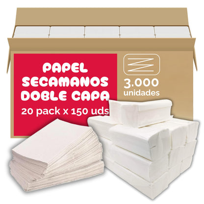 Papel Secamanos Zig Zag - 3000 Unidades - Toallas Papel Plegadas Doble Capa - 20 Paquetes x 150 Unidades - Desechables - Toallas para Dispensador