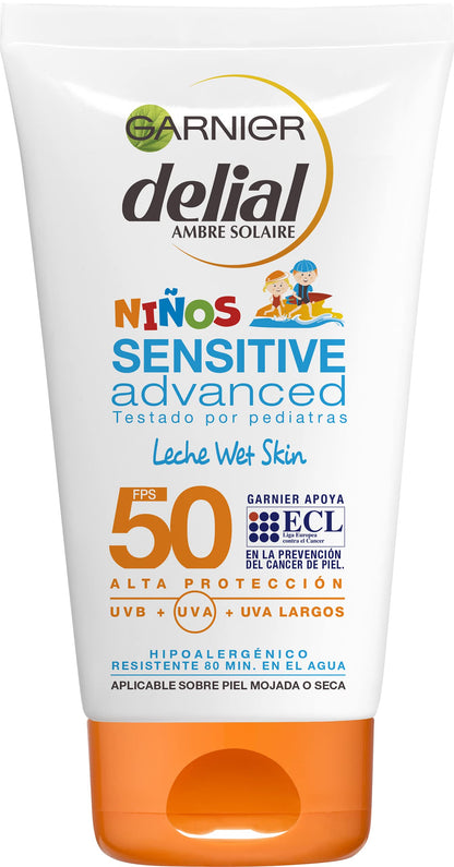 GARNIER DELIAL Crema Solar Muy Alta Protección FPS50+ Niños Para Pieles Claras, Sensibles E Intolerantes Al Sol, Resistente Al Agua 150 ml