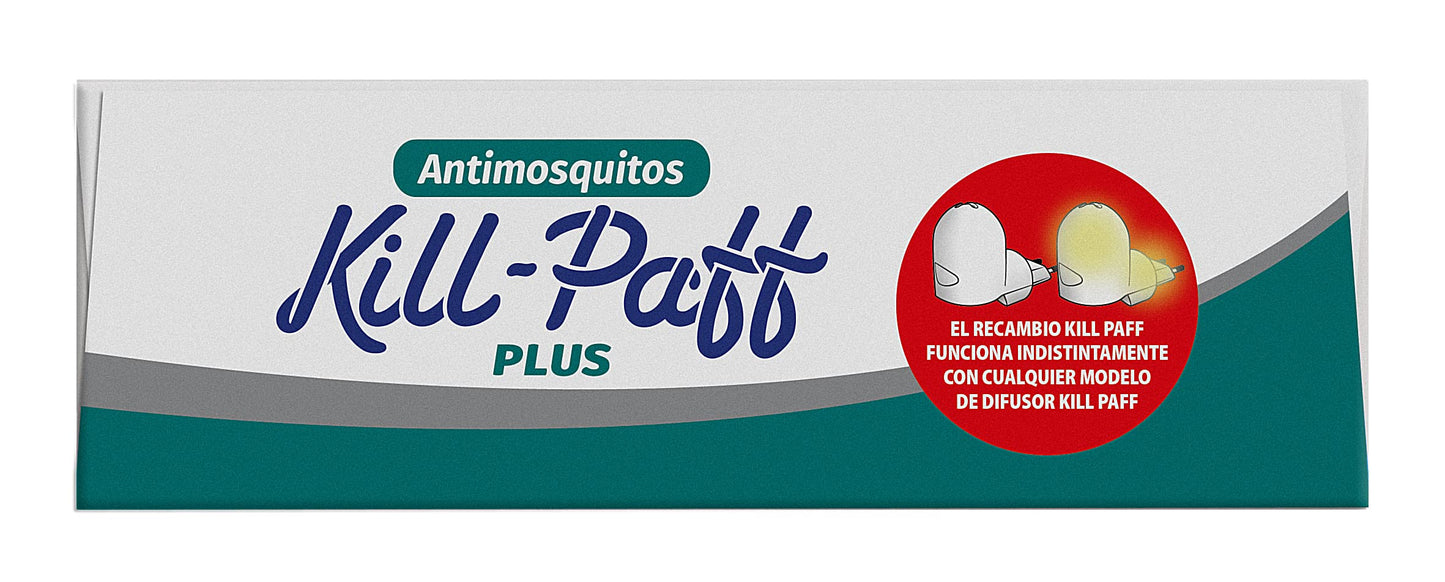 KILL-PAFF - Insecticida Eléctrico Antimosquitos, Eficaz Contra Mosquito Tigre y Transmisores de Enfermedades Tropicales, Difusor, 90 Noches de Proteccién (Contenido: 1 difusor + 2 recambios)