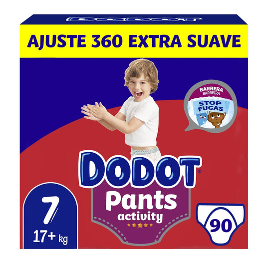 Dodot Pañales Bebé Activity Pants Talla 7, 90 Pañales, 17kg+, Con Cintura Elástica Anti-Fugas, Extra Suave