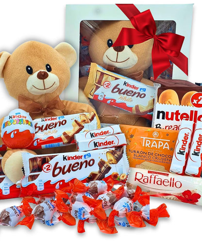 Caja Regalo Chocolate Kinder - Nutella - Raffaelo con Osito de Peluche. Regalo Original con Chocolate para Aniversarios, San Valentin. [IAMI]]