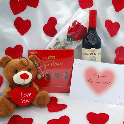 Pack Regalos Originales para San Valentin | Incluye Vino Ramon Bilbao + Bombones San Valentin Caja Roja Nestle + Osito Peluche LOVE + Rosa | Perfectos Regalos de San Valentén para Mujer y Hombres