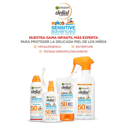 GARNIER DELIAL Crema Solar Muy Alta Protección FPS50+ Niños Para Pieles Claras, Sensibles E Intolerantes Al Sol, Resistente Al Agua 150 ml