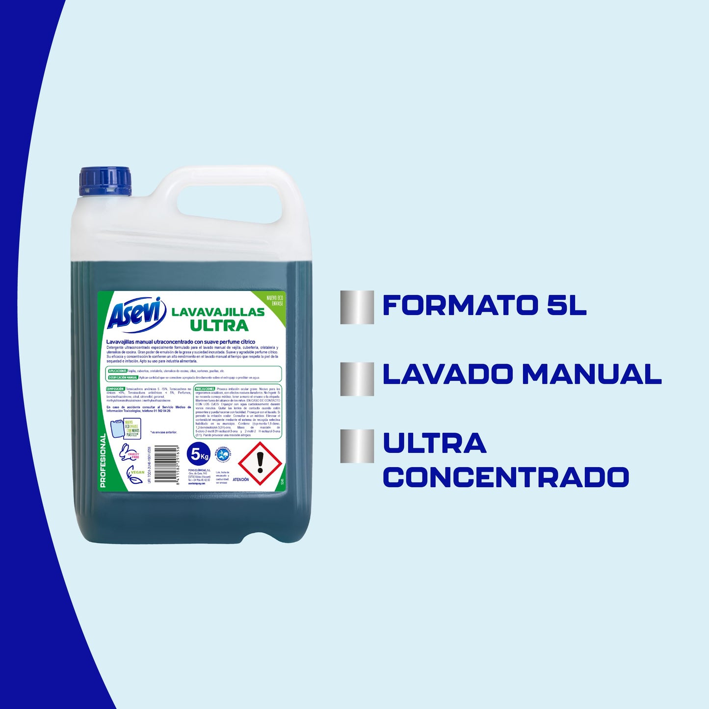 Asevi Lavavajillas Líquido Ultra Profesional - Detergente Lavaplatos Manual Ultraconcentrado - Gran Poder Desengrasante - 5 Litros