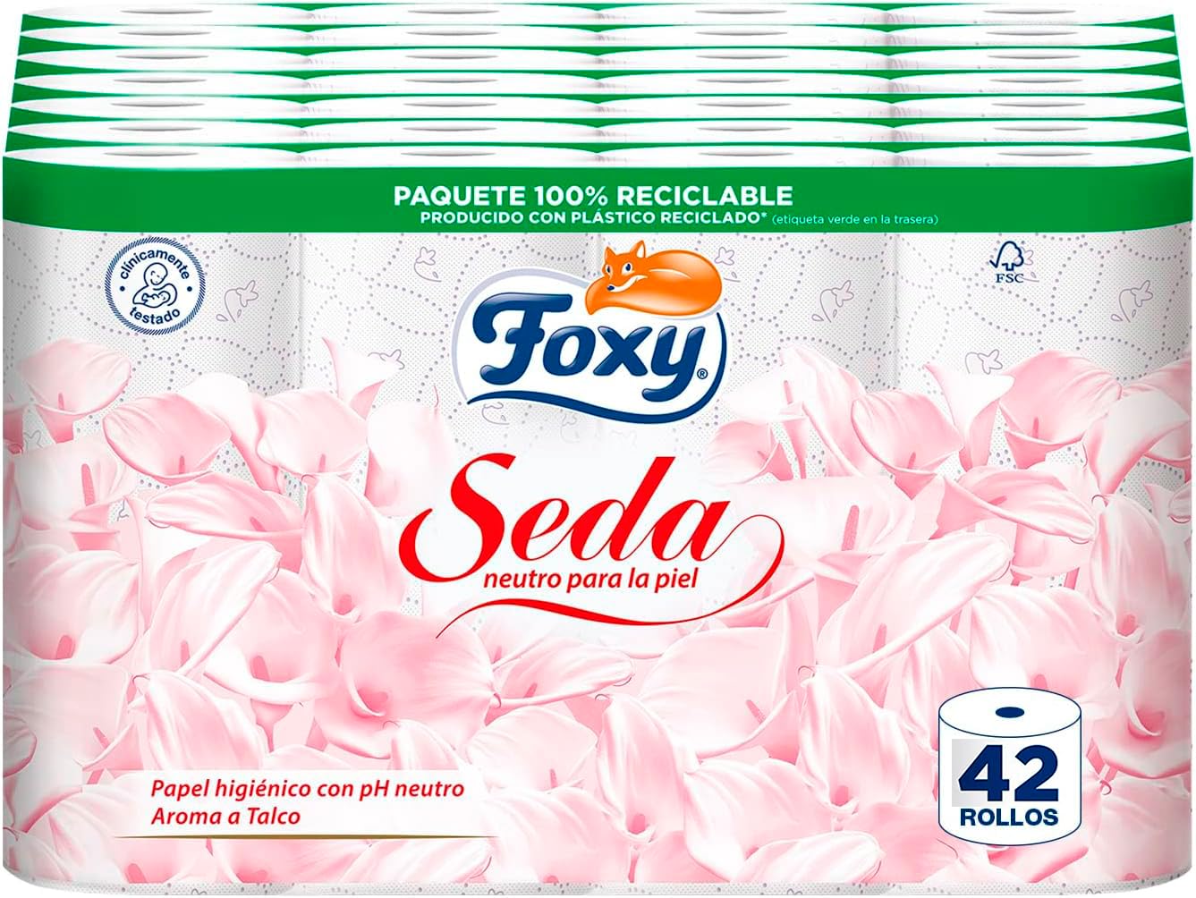 Foxy Seda | Papel higiénico neutro sobre la piel | 28+14 rollos, 28 + 14 gratis| 173 servicios por rollo | 3 capas de alto grosor | Papel 100% certificado FSC