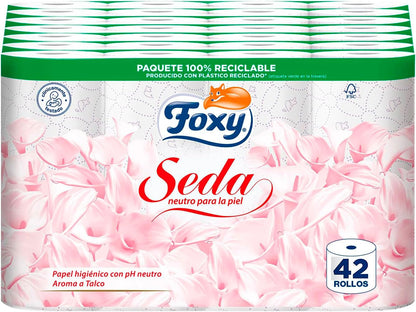 Foxy Seda | Papel higiénico neutro sobre la piel | 28+14 rollos, 28 + 14 gratis| 173 servicios por rollo | 3 capas de alto grosor | Papel 100% certificado FSC