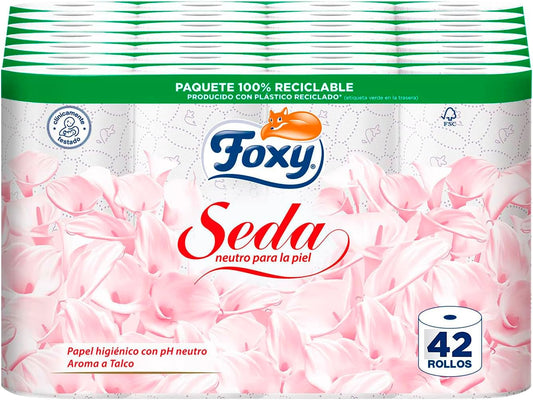 Foxy Seda | Papel higiénico neutro sobre la piel | 28+14 rollos, 28 + 14 gratis| 173 servicios por rollo | 3 capas de alto grosor | Papel 100% certificado FSC