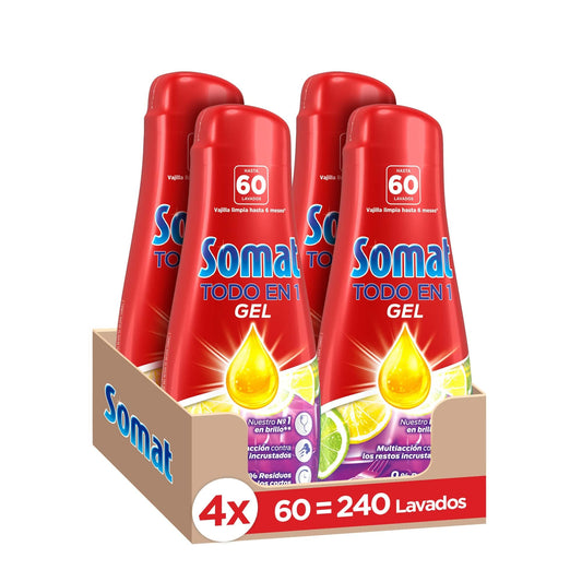 Somat Todo En 1 Gel Lima Y 60 Dosis (pack De 4, Total: 240 Lavados), Jabón Lavavajillas Con Gran Poder De Limpieza Para Ciclos Cortos, Vajilla Brillante, 1.08 l (Paquete de 4), Limón, 4320 Mililitro