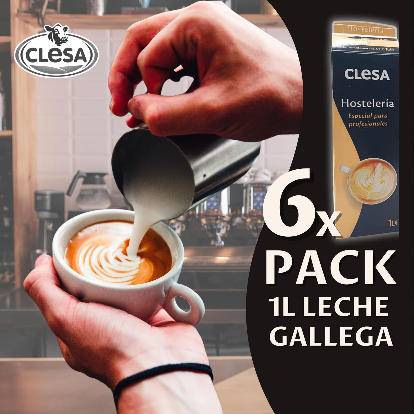 Leche Clesa SemiDesnatada Especial Hosteleria - 6 Bricks de 1 Litro - 100% Leche Gallega - Tapon Anti Goteo - 6 Litros Leche Hosteleria [CLESA]