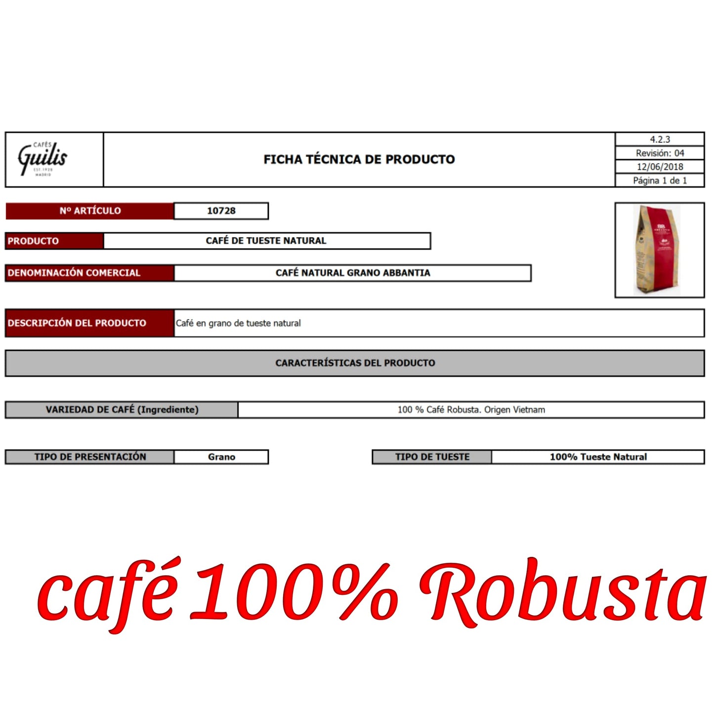 Cafe Natural en Grano Abbantia - 1 Kilo - Edicion Gourmet - 100% Cafe Robusta - Cafe Tueste Natural - Origen Vietnam