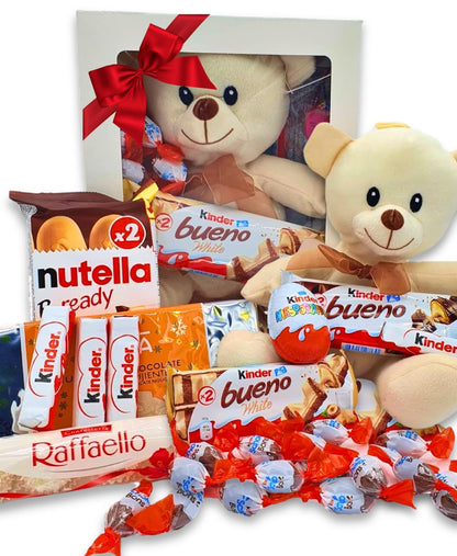 Caja Regalo Chocolate Kinder - Nutella - Raffaelo con Osito de Peluche. Regalo Original con Chocolate para Aniversarios, San Valentin. [IAMI]]