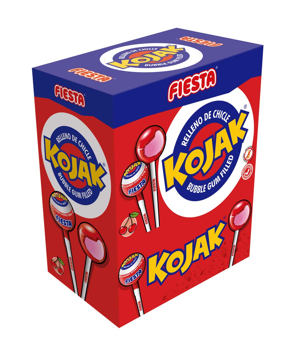 Fiesta Kojak Caramelo con Palo Relleno de Chicle Sabor Cereza - 100 Piezas s