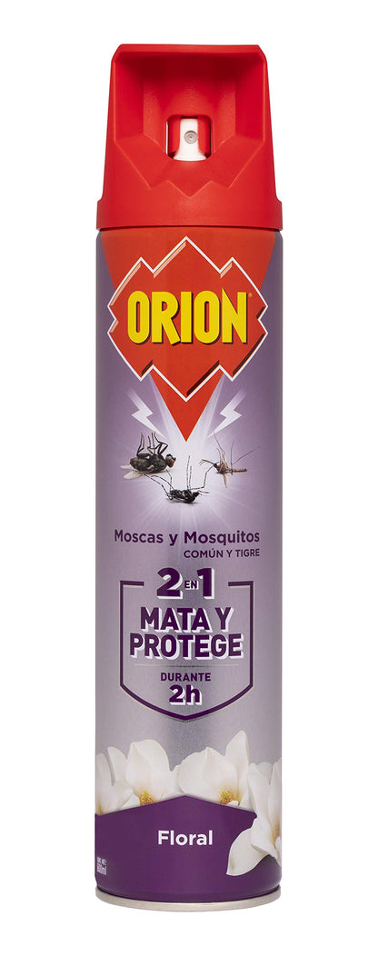 Orion - Insecticida en Aerosol 2en1 Mata y Protege contra Moscas y Mosquitos, Aroma Floral - 600 ml