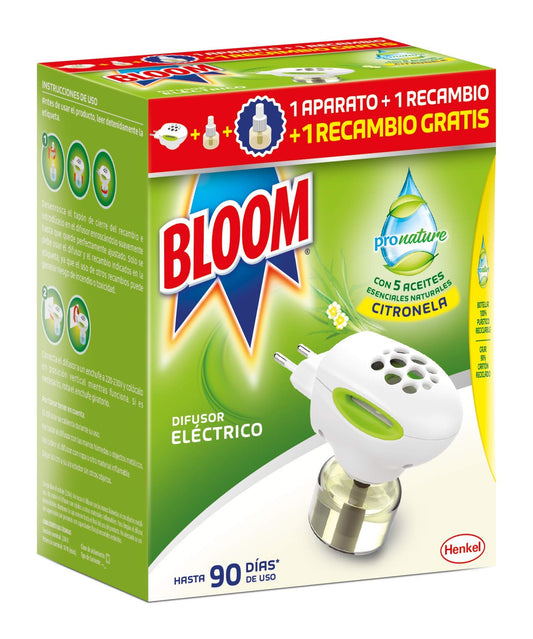 Bloom ProNature Eléctrico Líquido (1 aparato + 2 recambios), ambientador eléctrico, repelente antimosquitos, fórmula con aceites esenciales, 90 días de uso