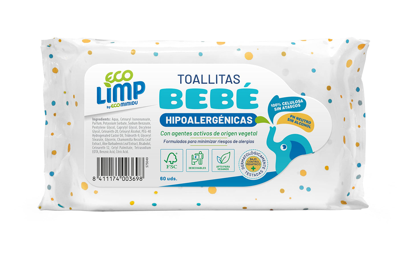 Mimidu ECOMIMIDU Toallitas húmedas hipoalergenicas para bebé 100% celulosa y dispersable en el WC, 720 toallitas, 12 paquetes (60 x 12)