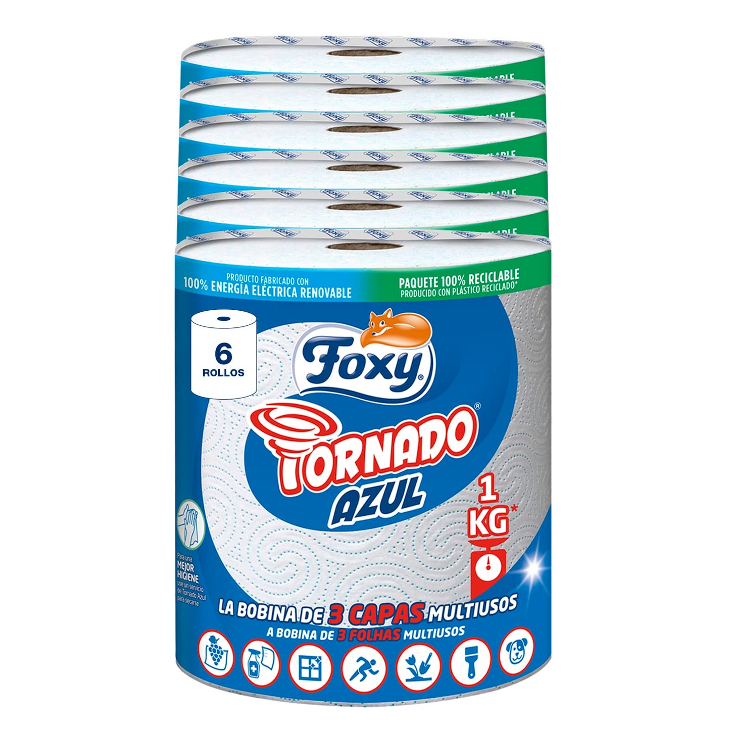 Foxy Tornado Azul Papel Multiusos, 1 Kg de papel(cada una), 340 servicios por cada rollo, Certificacién PEFC - 6 unidades